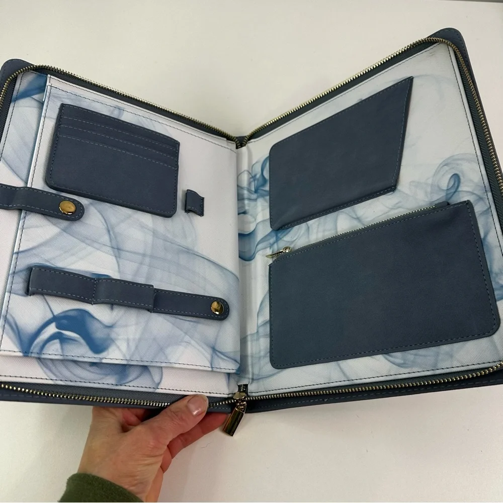 Light Blue Zippered Tablet Folio Soft Suede Like Feel Marbled Interior 